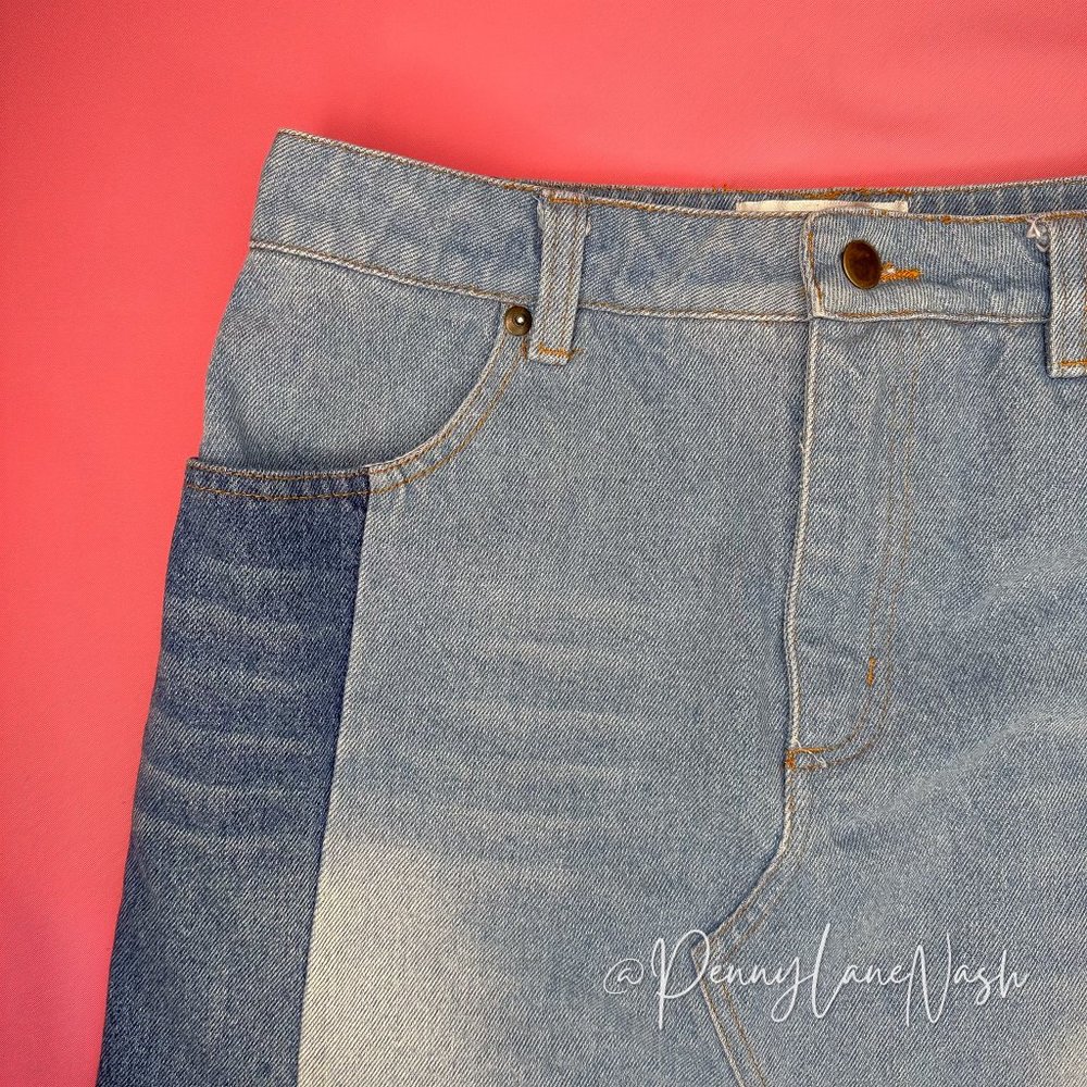 Wild Honey Two Tone Step Hem Denim Mini Skirt - Picture 4 of 9